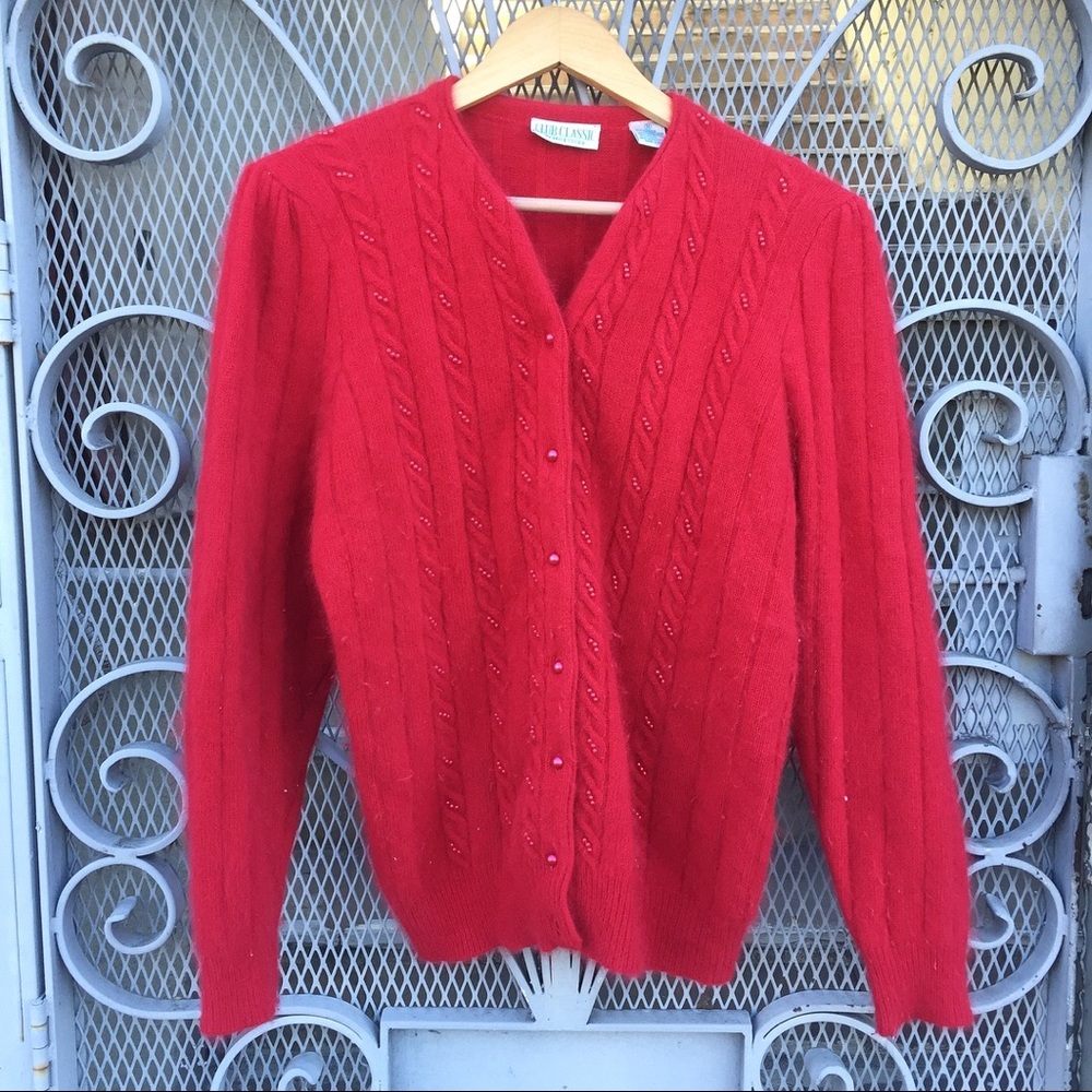 Vintage fuzzy angora red beaded cardigan sweater